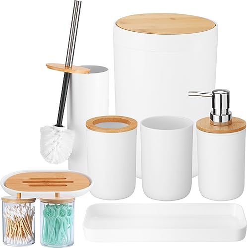 SGHUO 4Pcs Bamboo Bathroom Accessories Set, Soap Dispenser, Toothbrush  Holder, 2 Qtip Holder Jars, Boho Rustic Bathroom Decor, Brown Bathroom Set
