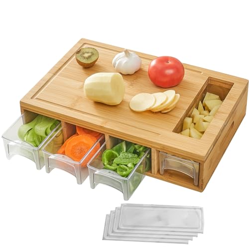 Bamboo Cutting Board with 4 Organizing Trays and 2 Graters