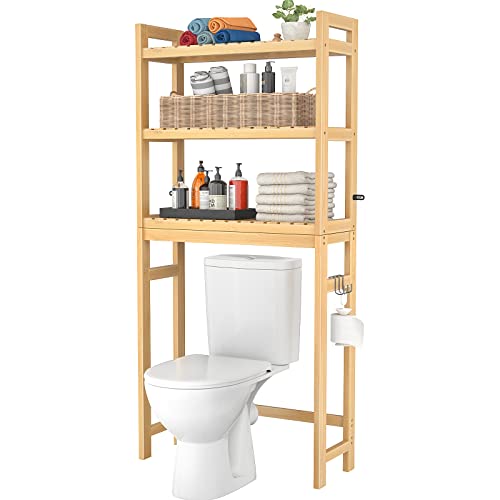 VIAGDO Over The Toilet Storage Shelf, Bamboo 4-Tier Bathroom  Space Saver Organizer Rack with Toilet Paper Holder, Freestanding Above Toilet  Stand with 4 Hooks for Bathroom, Laundry, White : Home 