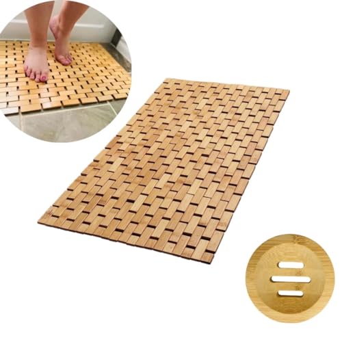 Waterproof Bamboo Bath Mat for Shower, Wooden Floor Mat for Bathroom,  Foldable | Non-Slip | Heavy Duty, Shower Mat for Indoor Outdoor, 23.5in x  15.6in