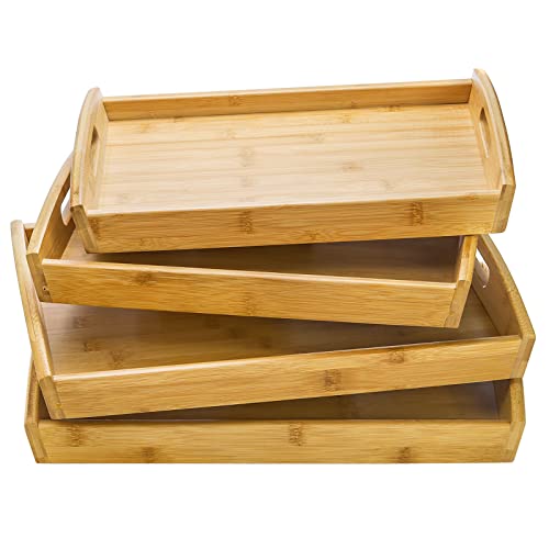 Bamboo Small and Large Food Serving Tray with Handles for Tea Snack Wooden  Tray for Kitchen Counter Coffee Living Room Dinner Trays for Eating On