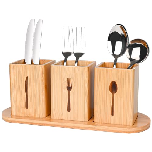  Fab Pad Bamboo Silverware Caddy, Cutlery Holder with Handle -  3 Compartment Utensil Holder and Easy to Clean Spoon Fork Knife Holder -  Non-Slip Kitchen Utensil Organizer for Countertop Drawer