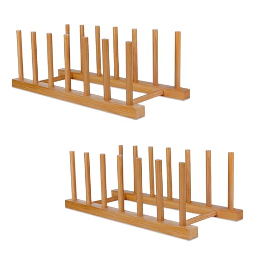 2 Pcs Wooden Dish Rack Bamboo Plate Rack Stand Pot Lid Holder