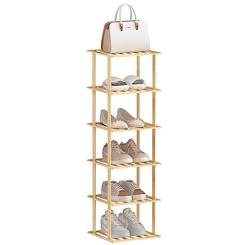 Bamboo Shoe Rack Vertical Shoe Rack for Small Spaces, Tall Narrow Shoe Rack  Organizer for Closet Entryway Corner Garage and Bedroom,Skinny Shoe Shelf  Free Stackable DIY Space Saving Storage