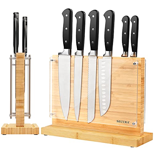 Secura Magnetic Knife Block Double side Knives Holder Bamboo Knife Stand  for Kitchen Cutlery Display Rack and Organizer with Acrylic Shield Double  Side Storage Strongly Magnetic,12 inch 