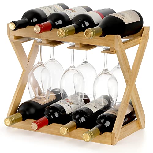 Wine Racks Countertop, Wine Holder and Glasses Rack, Wooden Wine Stand with  Tray, Perfect for Home Decor & Kitchen Storage Rack etc (Hold 6 Bottles