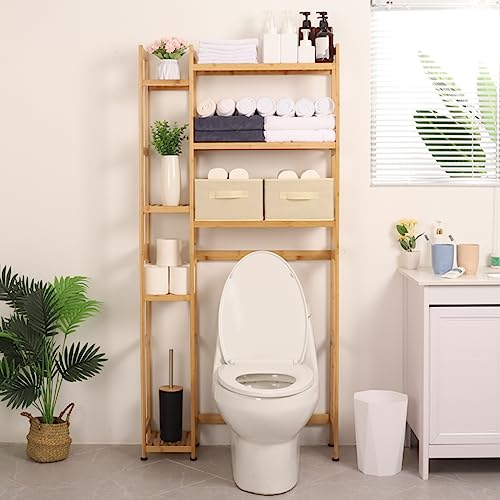 SMIBUY Bathroom Storage Shelf, Bamboo Over-The-Toilet Organizer Rack,  Freestanding Toilet Space Saver with 3-Tier Adjustable Shelves (Natural)