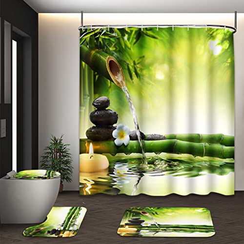  ArtSocket 4 Pcs Shower Curtain Set Stones Spa Oil Wood Massage  Relax Candle Modern Water Bamboo Green with Non-Slip Rugs Toilet Lid Cover  and Bath Mat Bathroom Decor Set 72 x