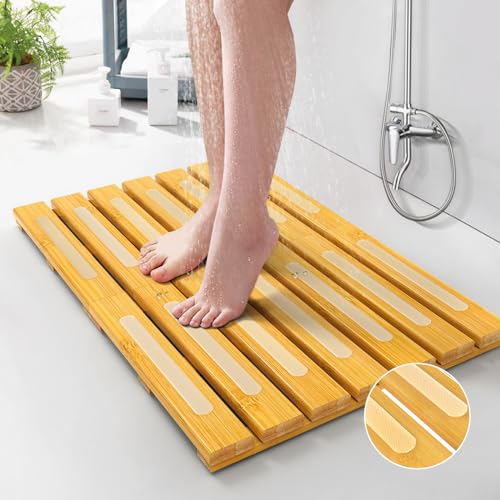 Waterproof Bamboo Bath Mat for Shower, Wooden Floor Mat for Bathroom,  Foldable | Non-Slip | Heavy Duty, Shower Mat for Indoor Outdoor, 23.5in x  15.6in