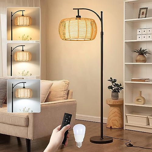 Arc Floor Lamp with Remote Control, Boho Rattan Floor Lamps, Dimmable  Farmhouse