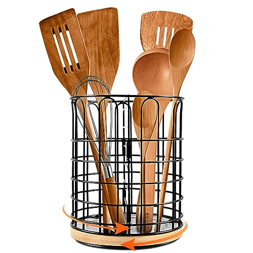 Bamboo Rotating Utensil Holder & Kitchen Organizer, Multiple Compartments,  8 Sections, store Forks, Serving Spoons, Knives, and other cooking tools