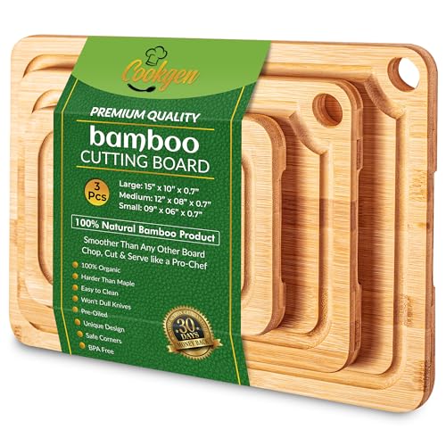  GREENER CHEF Organic Bamboo Cutting Board Set of 3