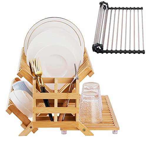 Worthyeah Bamboo Dish Drying Rack, 2 Tier Collapsible Dish Rack with Utensil Holder, Wooden Dish Drying Rack for Kitchen Counter, Large Folding