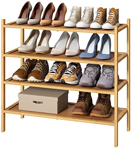 OwizJade Wooden Shoe Rack 4 Tier | Bamboo and Wood Boot Rack Cowboy Boots  Organizer Adjustable Shoes Storage Shelf for Entryway | Living Room 