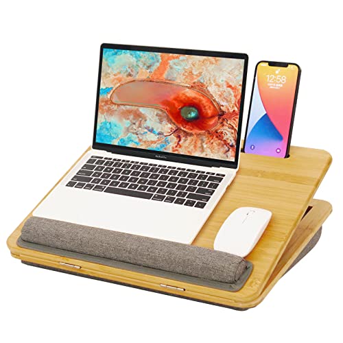 KKTONER Laptop Stand Lap Desk Table with Adjustable Leg 100% Bamboo Fo