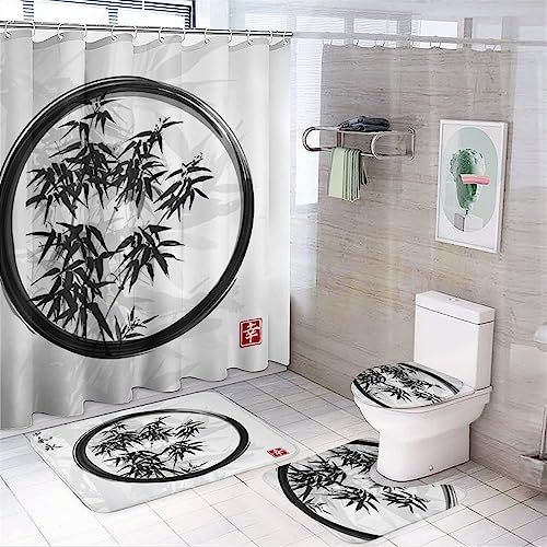  ArtSocket 4 Pcs Shower Curtain Set Stones Spa Oil Wood Massage  Relax Candle Modern Water Bamboo Green with Non-Slip Rugs Toilet Lid Cover  and Bath Mat Bathroom Decor Set 72 x