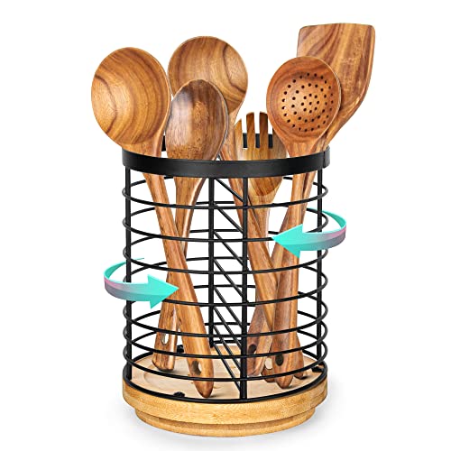 Yumkfoi Detachable Utensil Holders with Bamboo Base, Extra Large Black  Metal Kitchen Utensil Holder Organizer for Countertop, Wire Round Farmhouse