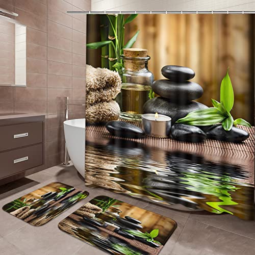  ArtSocket 4 Pcs Shower Curtain Set Stones Spa Oil Wood Massage  Relax Candle Modern Water Bamboo Green with Non-Slip Rugs Toilet Lid Cover  and Bath Mat Bathroom Decor Set 72 x