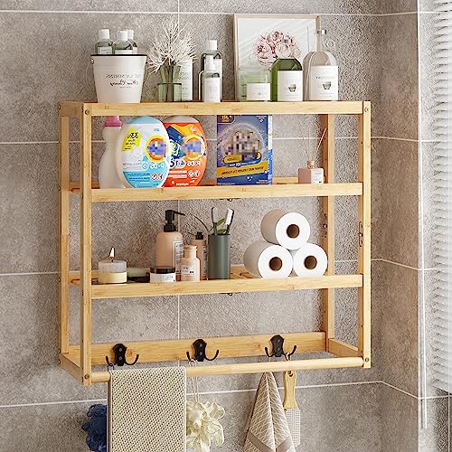 Galood Bamboo Bathroom Shelves for Wall Shelf 3 Tiers Adjustable Layer Over  The Toilet Storage with Hanging Rod Use for Bathroom Kitch